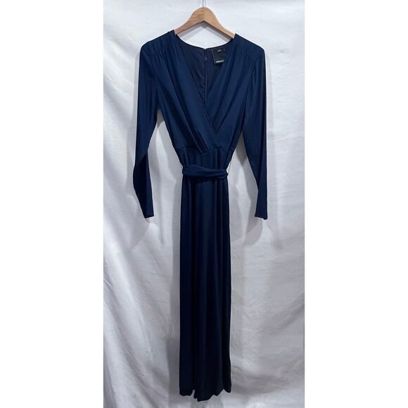 C/MEO Collective Pants - C/MEO COLLECTIVE Blue V-Neck Satin Tie Wide Leg Jumpsuit Romper women's M